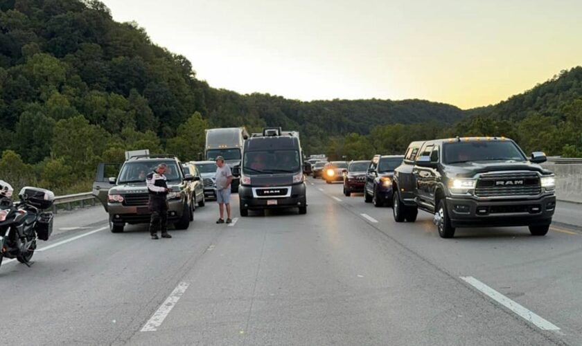 This image released by the Mount Vernon Fire Department shows traffic stopped during an active shooting on Interstate 75 north of London, Ky., Saturday, Sept. 7, 2024. (Camden Mink/Mount Vernon Fire Department via AP)