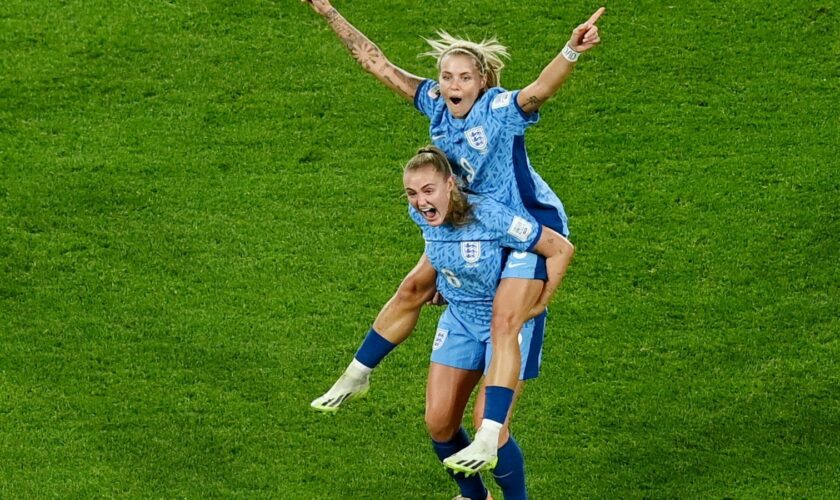 England players celebrate after reaching the final of the 2023 Women's World Cup in Australia. Pic: Reuters