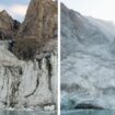 Mountain peak above Dickson Fjord before (left) and after the landslide. Pic: PA