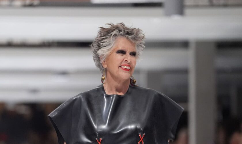 Dame Prue Leith stuns in skintight black latex on London Fashion Week catwalk