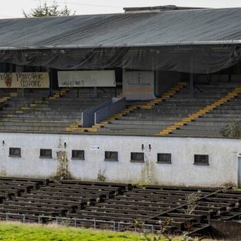 Workmen at Casement Park GAA stadium in Belfast, Northern Ireland. Contractors have begun assessing planned ground works at Casement Park ahead of the long-delayed redevelopment of the stadium.The maintenance and pre-enabling works will run until April, when the demolition of the existing terraces will begin. The GAA is undertaking the initial phase of works amid continued uncertainty over the funding of the redevelopment. The stadium in west Belfast has been earmarked for matches at the Euro 20