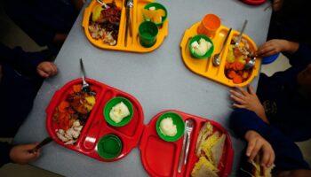 Students eat lunch in the school canteen during the beginning of the roll-out of universal free school meals for primary school children at Ysgol Y Preseli in Pembrokeshire. Most reception pupils in Wales will begin receiving free school meals as they return to school this September. The scheme, which is one of the strands of the Welsh Government's co-operation agreement with Plaid Cymru, is due to be fully rolled out by 2024. Picture date: Wednesday September 7, 2022.