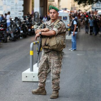 A soldier looks on near American University of Beirut Medical Center (AUBMC) as more than 1,000 people, including Hezbollah fighters and medics, were wounded when the pagers they use to communicate exploded across Lebanon, according to a security source, in Beirut, Lebanon September 17, 2024. REUTERS/Mohamed Azakir