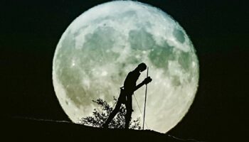 Moon behind the Pilgrim statue near Pontrhydfendigaid in Wales. Pic: Dafydd Wyn Morgan/Cambrian Mountains Initiative