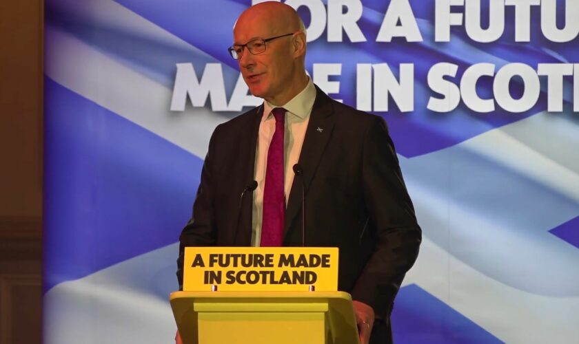 First Minister John Swinney making a speech earlier on Wednesday. Pic: PA video screengrab