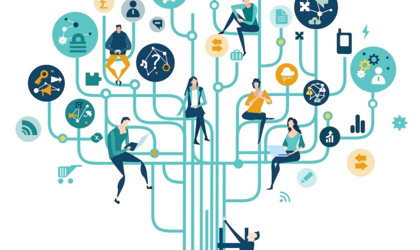 Business people trying get own place in business in the modern internet environment. Hightech electronic, microchips, icons and communication symbols at the background. Business concept illustration.