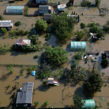 General view taken by drone of flooded allotment gardens by Bystrzyca river in Wroclaw, Poland, September 18, 2024. REUTERS/Kacper Pempel