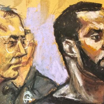 Combs and his defence lawyer Marc Agnifilo in a courtroom sketch. Pic: Reuters