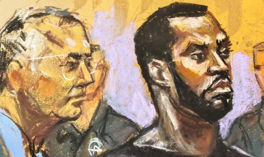 Combs and his defence lawyer Marc Agnifilo in a courtroom sketch. Pic: Reuters