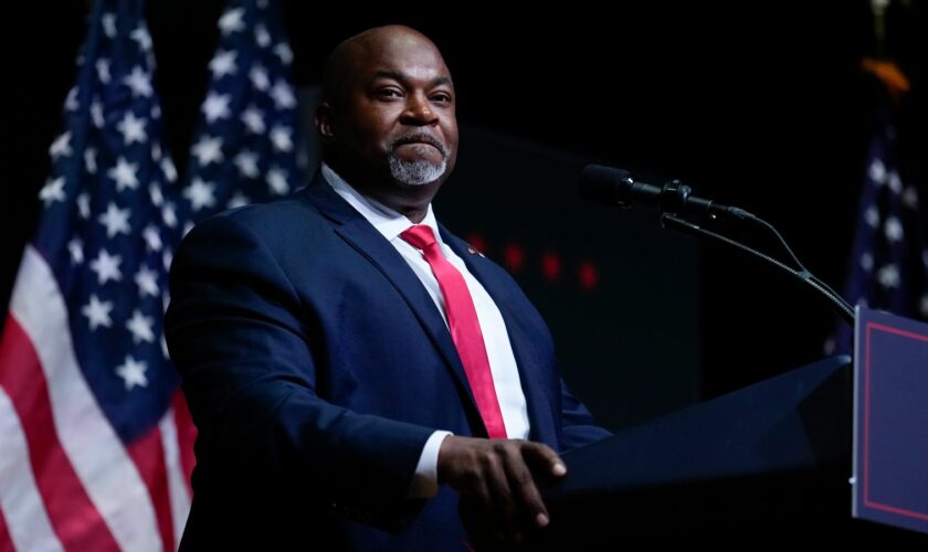 Mark Robinson, running to be North Carolina governor, speaking at a Trump rally in Asheville, North Carolina. Pic: AP