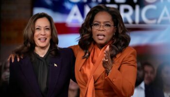 Democratic presidential nominee Vice President Kamala Harris joins Oprah Winfrey at Oprah's Unite for America Live Streaming event Thursday, Sept. 19, 2024 in Farmington Hills, Mich. (AP Photo/Paul Sancya)