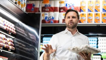 JD Vance claims eggs cost $4 because of Harris — while standing directly in front of a dozen for $2.99