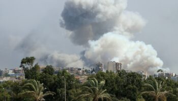 De la fumée s'élève dans le secteur du village de Bourj al-Chamali, visé par des frappes israéliennes dans le sud du Liban, le 23 septembre 2024