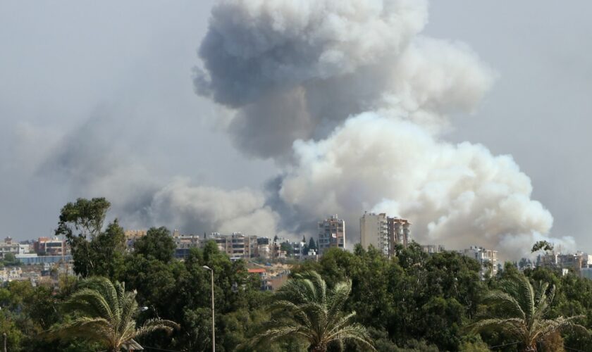 De la fumée s'élève dans le secteur du village de Bourj al-Chamali, visé par des frappes israéliennes dans le sud du Liban, le 23 septembre 2024