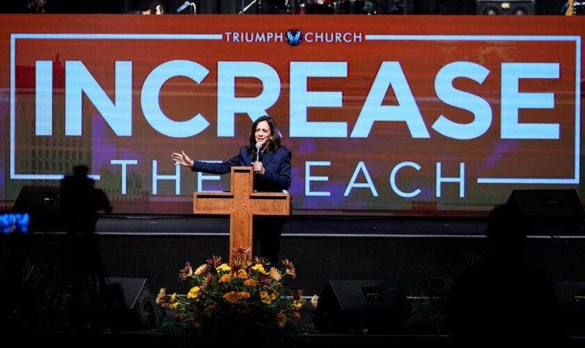 Kamala Harris during the 2020 election campaign at a church in Michigan. Pic: AP