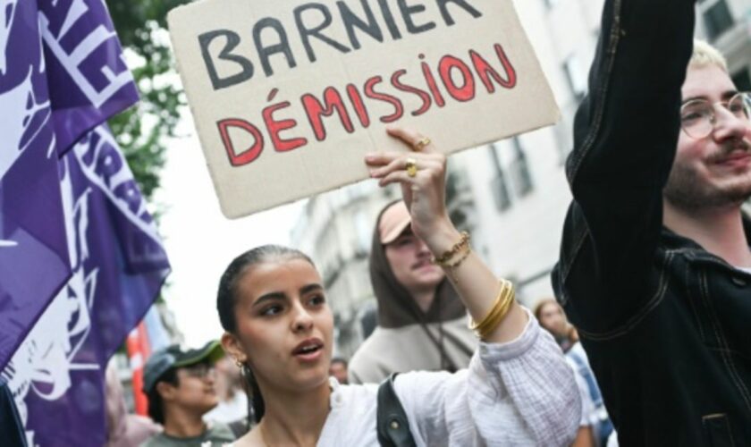 Demonstrantin in Nantes fordert Rücktritt von Premierminister Barnier