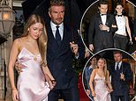 Harper Beckham, 13, follows in her mum's stylish footsteps in a pink satin gown while Brooklyn twins with wife Nicola as they join dad David, brother Cruz and his girlfriend Jackie Apostel at Victoria's Paris show