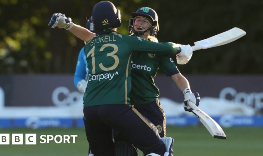 Ireland batters Rebecca Stokell and Alana Dalzell celebrate beating England