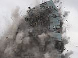 Jaw-dropping moment hurricane-damaged Hertz Tower skyscraper implodes in Louisiana