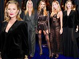 Kate Moss wears an elegant sheer gown while Gwyneth Paltrow rocks an androgynous look as they join Rosie Huntington-Whiteley and Lila Moss in lingerie-inspired outfits at Yves Saint Laurent's Paris Fashion Week show