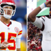 Kansas City Chiefs quarterback Patrick Mahomes and Washington Commanders quarterback Jayden Daniels (R)