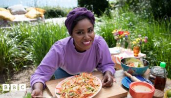 nadiya hussain eating a vibrant salad in the garden