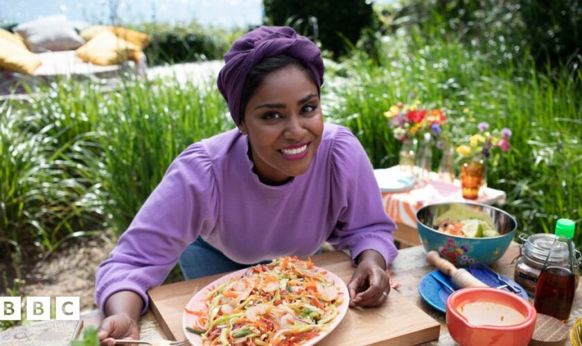 nadiya hussain eating a vibrant salad in the garden