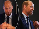 Prince William (and his beard) gets a halo as he poses under a lamp on visit to homeless charity - and shares a joke with Gail Porter