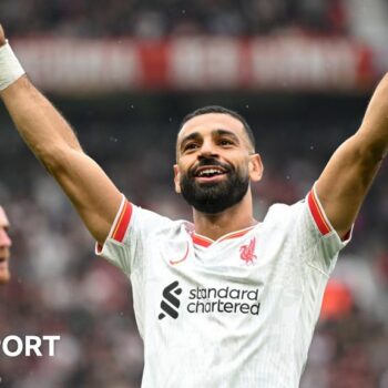 Mohamed Salah celebrates scoring for Liverpool at Old Trafford