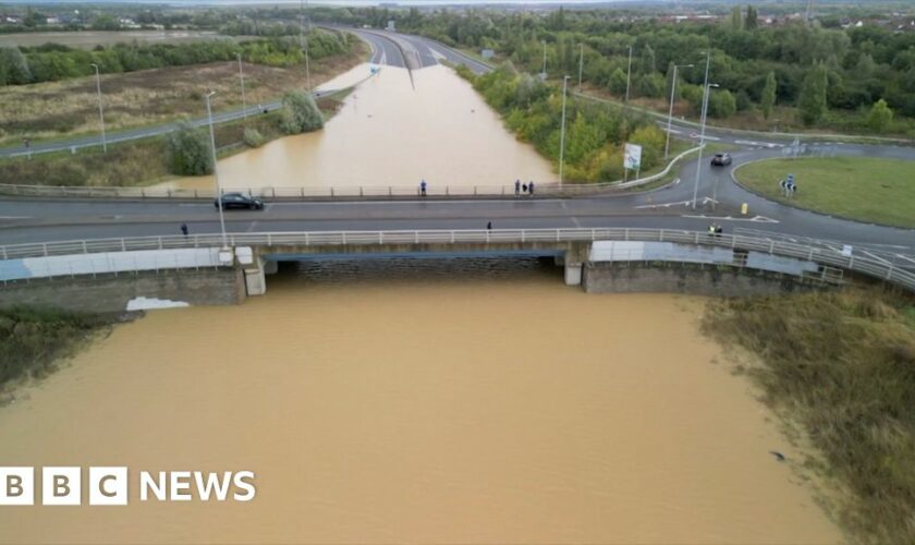 Watch: Aerial footage shows flooding on major road