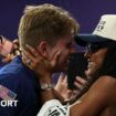 Hunter Woodhall hugging his wife Tara-Davis Woodhall after winning Paralympic gold