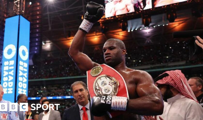 Daniel Dubois celebrates after beating Anthony Joshua