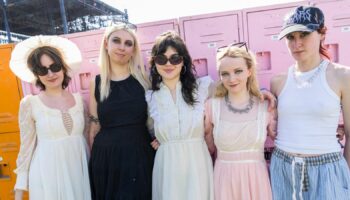 Aurora Nishevci, left, Georgia Davies, Abigail Morris, Emily Roberts, and Lizzie Mayland of The Last Dinner Party pose during the the first weekend of the Coachella Valley Music and Arts Festival at the Empire Polo Club on Saturday, April 13, 2024, in Indio, Calif. (Photo by Amy Harris/Invision/AP)