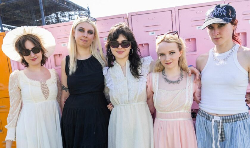 Aurora Nishevci, left, Georgia Davies, Abigail Morris, Emily Roberts, and Lizzie Mayland of The Last Dinner Party pose during the the first weekend of the Coachella Valley Music and Arts Festival at the Empire Polo Club on Saturday, April 13, 2024, in Indio, Calif. (Photo by Amy Harris/Invision/AP)