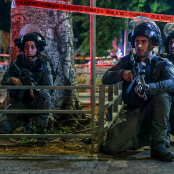 Israeli police at the scene after a shooting in Jaffa, Tel Aviv. Pic: AP