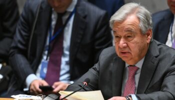 Le secrétaire général de l'ONU, Antonio Guterres, lors d'une réunion du Conseil de sécurité de l'ONU, le 18 avril 2024 à New York