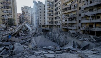 Destroyed buildings at the site of Israeli airstrikes in Dahieh, Beirut, Lebanon, Sunday, Oct. 6, 2024. (AP Photo/Bilal Hussein)