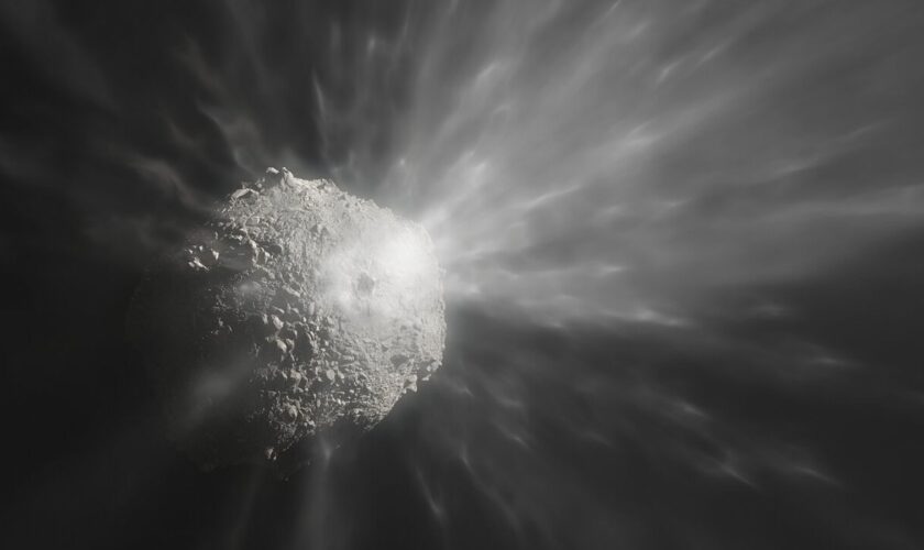 Undated handout photo issued by the European Southern Observatory of an artist's illustration showing the ejection of a cloud of debris after NASA's DART spacecraft collided with the asteroid Dimorphos. Astronomers have observed the aftermath of the collision involving a spacecraft sent by Nasa to crash into an asteroid. The controlled impact was a test of planetary defence, but also gave astronomers a chance to learn more about the Dimorphos asteroid by examining the material expelled. Issue da