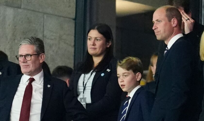 Left to right) David Gill, Prime Minister Sir Keir Starmer, Lisa Nandy, Secretary of State for Culture, Media and Sport, Prince George and the Prince of Wales appear dejected in the stands after the final whistle following the UEFA Euro 2024 final match at the Olympiastadion, Berlin. Picture date: Sunday July 14, 2024.