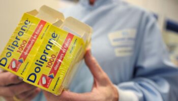 A person poses with boxes of Doliprane, a French over-the-counter drug containing paracetamol, on October 28, 2009 at French pharmaceutical group Sanofi-Aventis site in Lisieux, northern France. The site, created in 1982, is dedicated to the production of medicine containing paracetamol. AFP PHOTO MYCHELE DANIAU