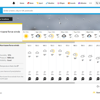 BBC Weather app shows hurricane force winds. Pic: BBC