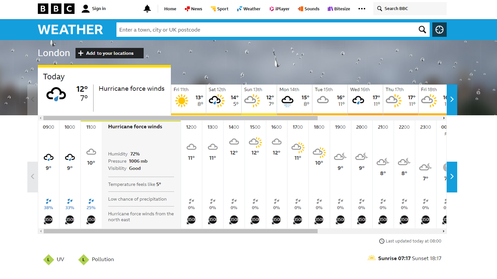 BBC Weather app shows hurricane force winds. Pic: BBC