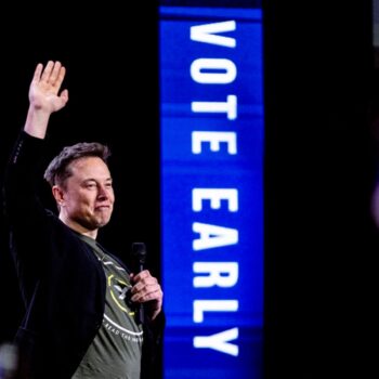 Elon Musk gestures as he speaks at Life Center Church in Harrisburg, Pa., Saturday, Oct. 19, 2024. (Sean Simmers/The Patriot-News via AP)