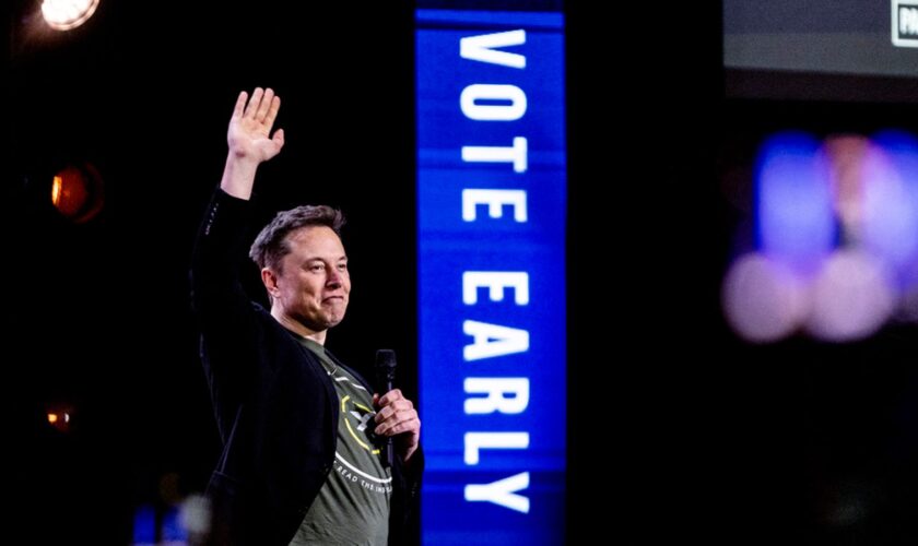 Elon Musk gestures as he speaks at Life Center Church in Harrisburg, Pa., Saturday, Oct. 19, 2024. (Sean Simmers/The Patriot-News via AP)