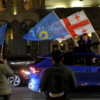 Supporters of the Georgian Dream party wave flags after win. Pic: Reuters