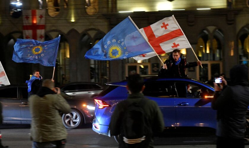 Supporters of the Georgian Dream party wave flags after win. Pic: Reuters