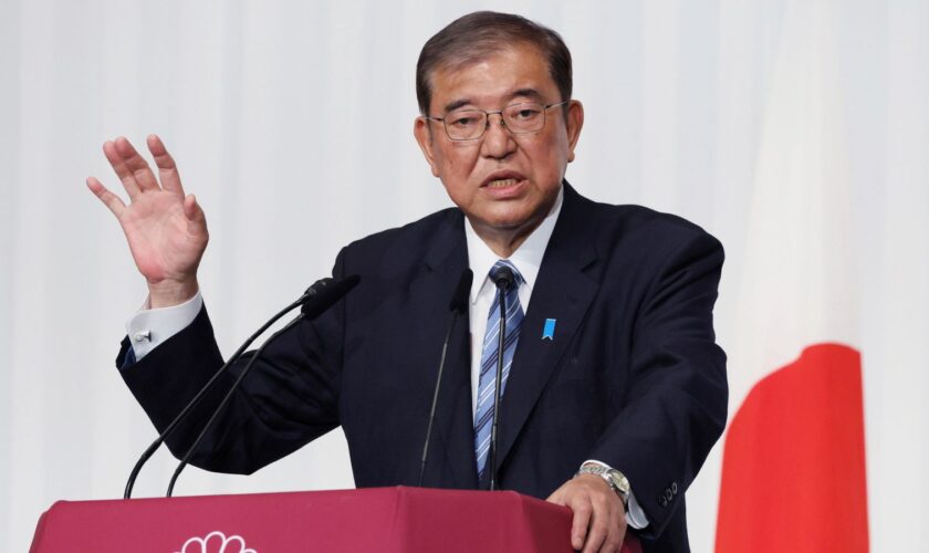 Japanese Prime Minister and the Liberal Democratic Party (LDP) leader, Shigeru Ishiba, attends a press conference speaks regarding the house of representatives election at the LDP headquarters in Tokyo on October 28, 2024. The Liberal Democratic Party failed to win a majority of seats as a ruling coalition in yesterday's Lower House election.( The Yomiuri Shimbun via AP Images )