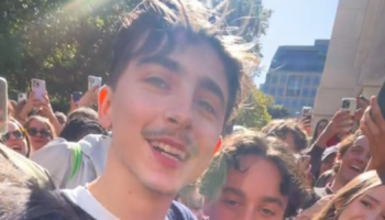 Actor Timothée Chalamet makes a surprise appearance at his own look-alike contest in Lower Manhattan 27/10/2024. Screengrab from tiktok video https://vm.tiktok.com/ZGd8YPPAc/  used with permission jadiecakes_