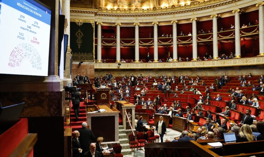 Vue générale de l'Assemblée nationale après que les députés ont voté lors d'une séance de débat sur le projet de budget 2025, à Paris, le 22 octobre 2024