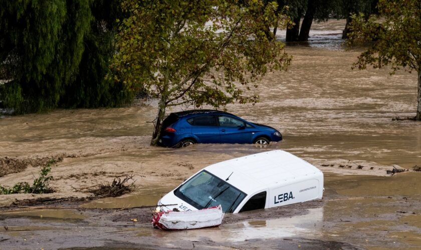 Cars are swept away by the water, after floods preceded by heavy rains caused the river to overflow its banks in the town of Alora, Malaga, Spain, Tuesday, Oct. 29, 2024. (AP Photo/Gregorio Marrero)